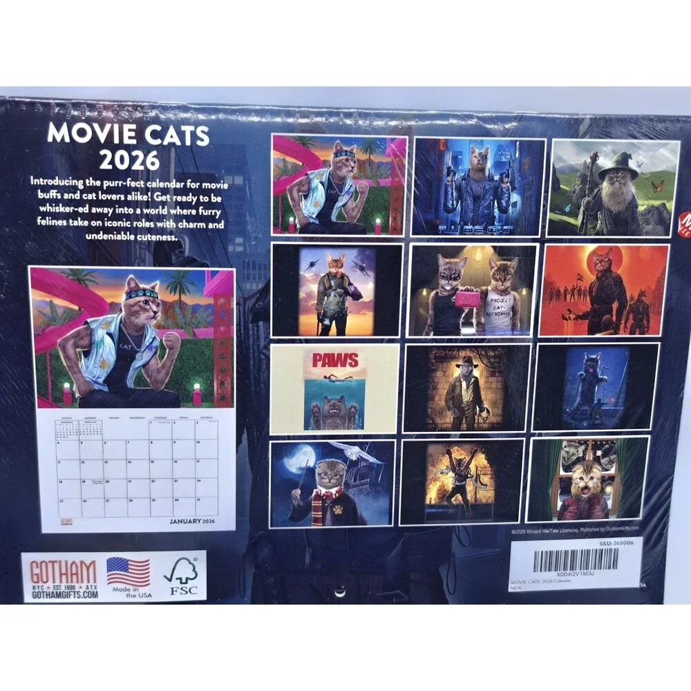 Movie Cats 2026 Wall Calendar Vincent Hie Film Parody 12 Month Wall Decor New